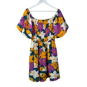 J.NNA Floral Smocked‎ Mini Dress Purple Yellow Short Puff Sleeve Womens M